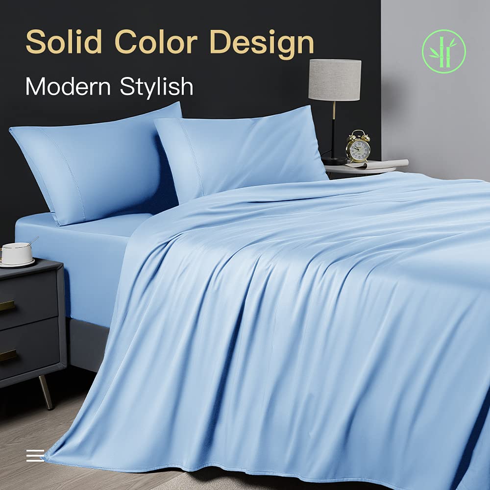 Shilucheng Cooling Breathable Bamboo_ Bed Sheets Set - 1800 Thread Count Super Silky Soft With 16 Inch Deep Pocket, 4 Piece (California King,Lake Blue)